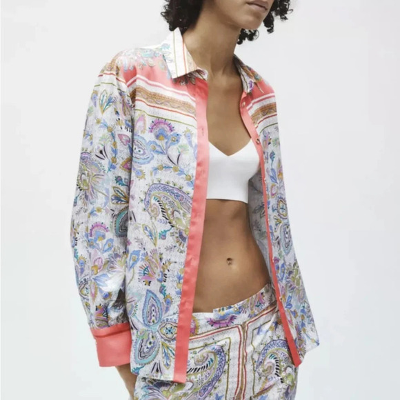 Zara Tops - Zara Paisley Floral Silky Satin Printed Shirt  Blouse Size XS Blogger favorite